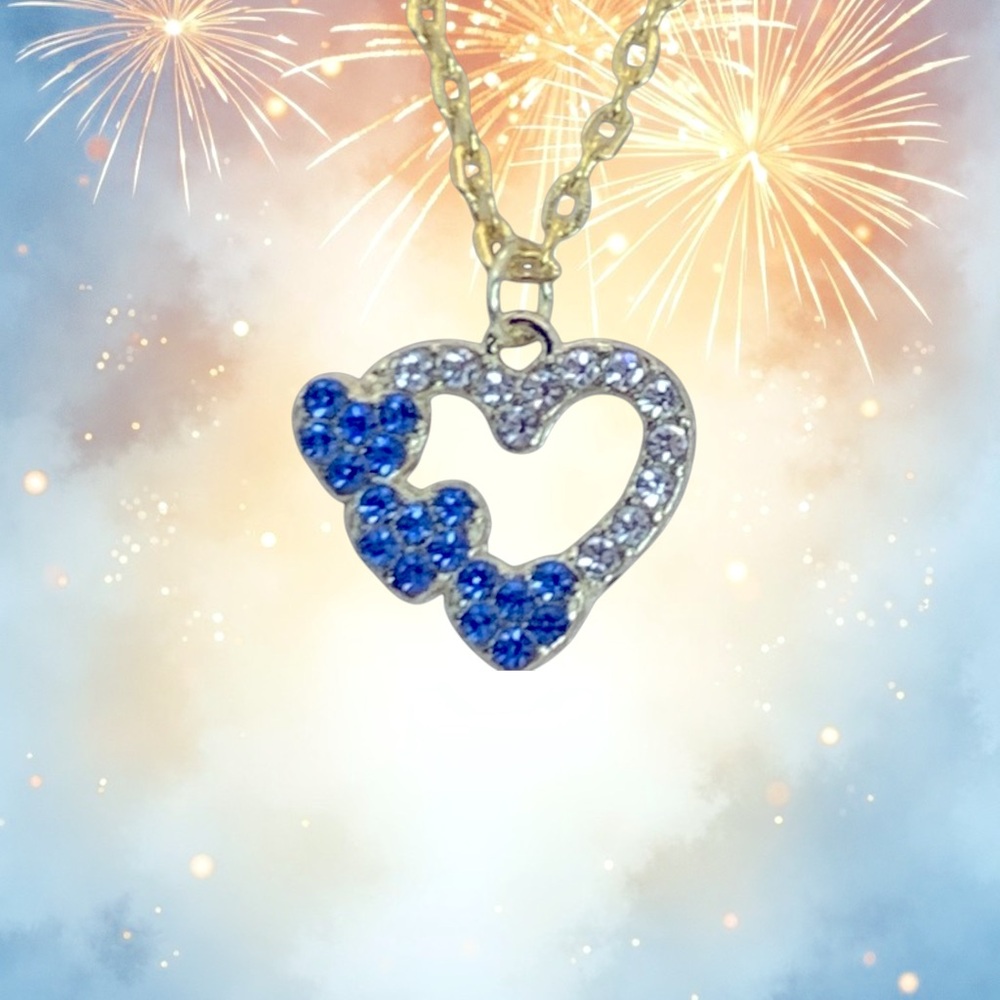 Heart Blue & Clear Crystal Gold Plated Necklace Hearts, Love, & Valentine - Picture 3 of 6